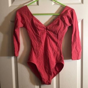 Mirella leotard, Medium, coral, 3/4 sleeves, pinched front